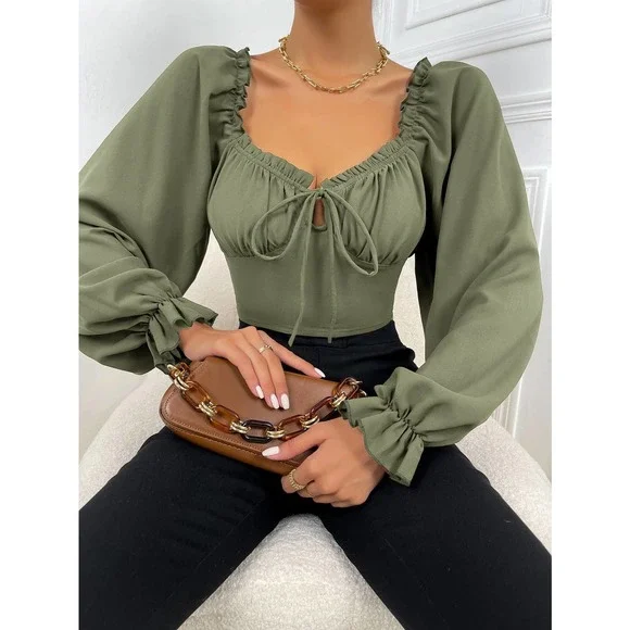 Frill Trim Bell long Sleeve Ruched Bust Milkmaid crop top boho brown - Picture 11 of 11
